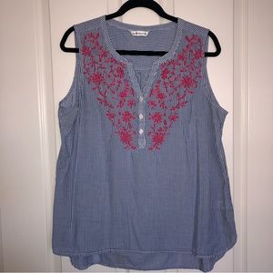 Croft & Barrow Blue White Striped Tank Top w/ Pink Embroidery ~ Cotton ~ Sz L/XL